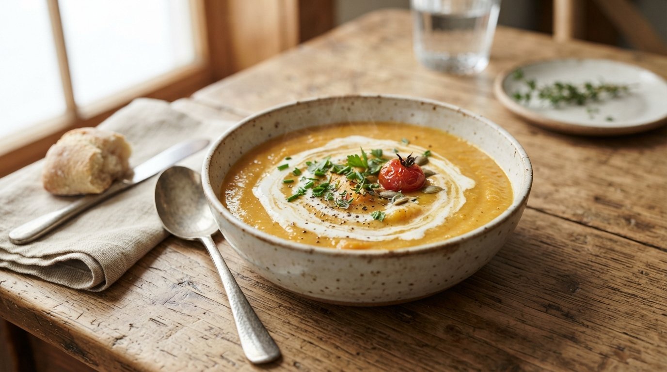 Creamy homemade roasted vegetable soup served in a rustic bowl with fresh parsley.
