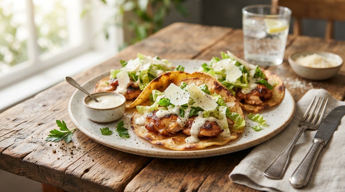 Crispy Chicken Caesar Smash Tacos topped with Caesar salad and Parmesan cheese.